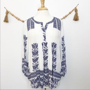 Pale Sky White Button Up Blouse with Blue Details